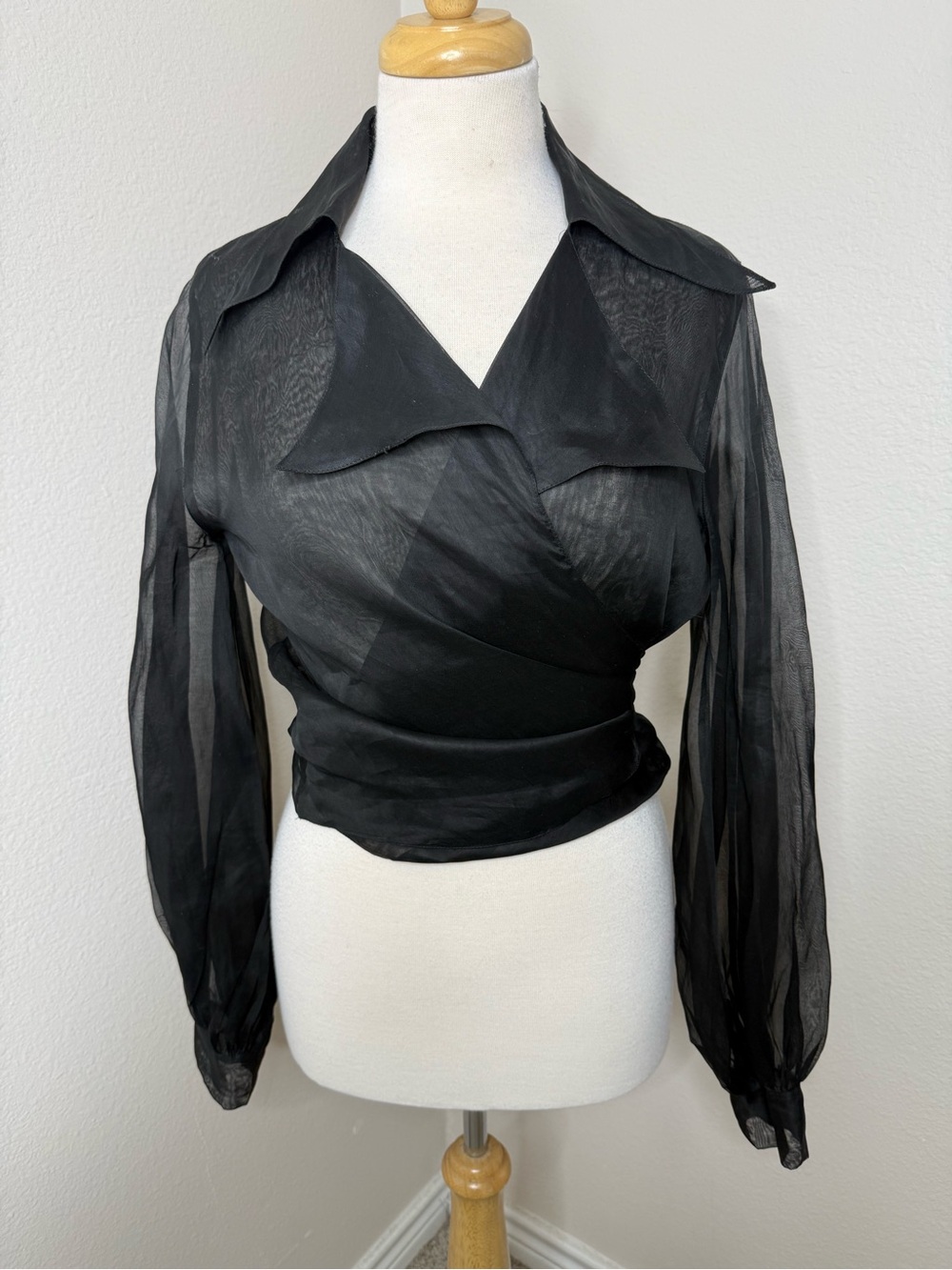 Anne Fontaine Black Sheer Organza Wrap Blouse Statement Collar 4